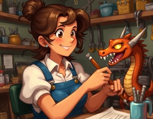 In the style of ohwx, A cheerful artificer with bright eyes and curly brown hair in a bun, wearing a puffy blouse under blue overalls, happily tinkering away on a mechanical dragon in her workshop.