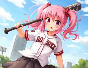 In the style of ohwx, Baseball girl with bright eyes, holding a metal bat over her shoulder. Pink hair in pigtails flowing in the wind.