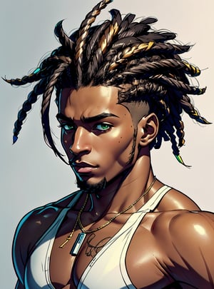masterpiece, Highest Quality, (an image of a young black man:1.2) (dark skin:1.1), (green eyes:1.1), (dread style hair cut on the side:1.1), (masculine:1.2), (athletic:1.2),Detailedface, 
((cartoon fanart style))