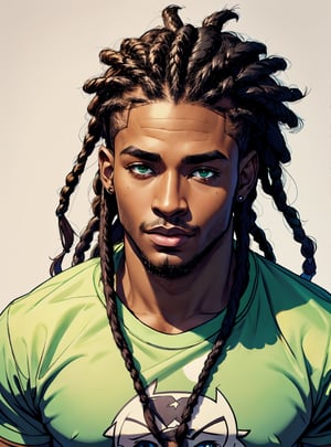 masterpiece, Highest Quality, (an image of a young black man:1.2) (dark skin:1.1), (green eyes:1.1), (dread style hair cut on the side:1.1), (masculine:1.2), (athletic:1.2),Detailedface, T-Shirt Design, ((cartoon fanart style))