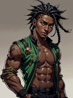 masterpiece, Highest Quality, (an image of a young black man:1.2) (dark skin:1.1), (green eyes:1.1), (dread style hair cut on the side:1.1), (masculine:1.2), (athletic:1.2),Detailedface, 
(DanteClothes:1.2), ((cartoon fanart style)).