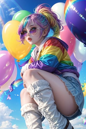 masterpiece, best quality,1 girl, pretty and cute, (rainbow color Highlight Hair,colorful hair:1.4), wearing blue and purple sunglasses, yellow jacket with white pattern, white sweater, many colored balloons, doll face, ponytail braid, perfect detail eyes, delicate face, perfect cg, HD quality, colored balloons, sky ,black boots