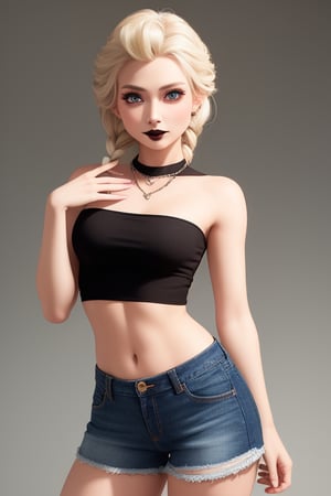 ((elsa)), crop top , ((shorts)) jeans)), ((Goth girl)), standing in front of the viewer,(( cute face)) , looking at the viewer, white background ,rendered by Pixar