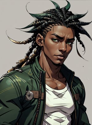 masterpiece, Highest Quality, (an image of a young black man:1.2) (dark skin:1.1), (green eyes:1.1), (dread style hair cut on the side:1.1), (masculine:1.2), (athletic:1.2),Detailedface, 
((cartoon fanart style)) (DanteClothes:0.8)
