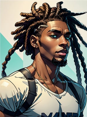 masterpiece, Highest Quality, (an image of a young black man:1.2) (dark skin:1.1), (green eyes:1.1), (dread style hair cut on the side:1.1), (masculine:1.2), (athletic:1.2),Detailedface, 
((cartoon fanart style))