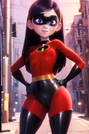 masterpiece, best quality, 1girl, (13 year old, violetparr, (hands on hips), mask, long hair, black hair, purple eyes, bodysuit, gloves, boot, thighhighs, thigh boots, latex, naughty smile, street background, solo:1.4), ((flat chest:1.3)), ((thick thighs:1.3)), ((wide hips:1.3))