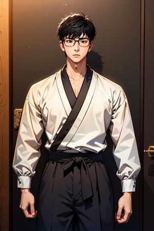18 year old Japanese young man, black short-hair, 
Glasses, Intricate monge shaolin clothes, Male focus,CASUAL-STYLE