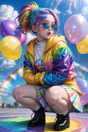 masterpiece, best quality,1 girl, nsfw, pretty and cute, (rainbow color Highlight Hair,colorful hair:1.4), wearing blue and purple sunglasses, yellow jacket with white pattern, (skirt), (squatting with legs open), white sweater, many colored balloons, doll face, ponytail braid, perfect detail eyes, delicate face, perfect cg, HD quality, colored balloons, sky ,black boots