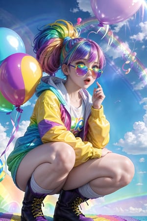 masterpiece, best quality,1 girl, pretty and cute, (rainbow color Highlight Hair,colorful hair:1.4), wearing blue and purple sunglasses, yellow jacket with white pattern, (squatting with legs open), white sweater, many colored balloons, doll face, ponytail braid, perfect detail eyes, delicate face, perfect cg, HD quality, colored balloons, sky ,black boots