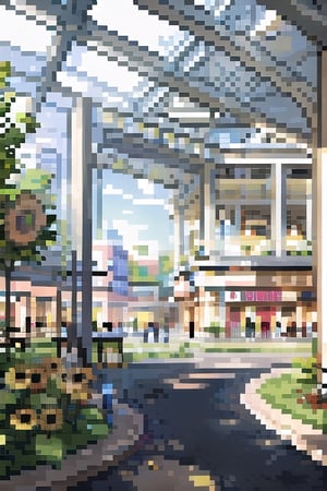 (((masterpiece))), (((best quality))), ((ultra-detailed)), (illustration), ((an extremely delicate and beautiful)), , (sunlight) ,Pixel art,sunflowers_in_backgroun, architecture,Pixel world, Mall