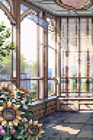 (((masterpiece))), (((best quality))), ((ultra-detailed)), (illustration), ((an extremely delicate and beautiful)), , (sunlight) ,Pixel art,sunflowers_in_backgroun, architecture,Pixel world, Mall