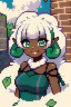 (((masterpiece))), (((best quality))), ((ultra-detailed)), (illustration), ((an extremely delicate and beautiful))(1girl), , floating_hair,  glowing eyes,Round_pointy_ears, big_ears, white hair, green eyes,halter dress, feather, leaves, nature, (sunlight) ,Pixel art,Whimsicott, in_city,city wall, smirking