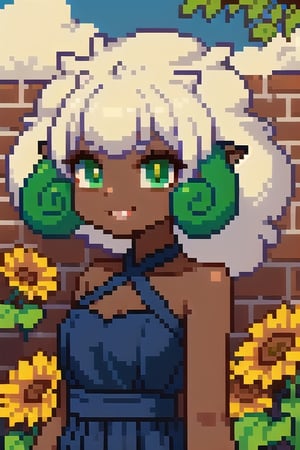 (((masterpiece))), (((best quality))), ((ultra-detailed)), (illustration), ((an extremely delicate and beautiful))(1girl), , floating_hair,  glowing eyes,Round_pointy_ears, big_ears, white hair, green eyes,halter dress, feather, leaves, nature, (sunlight) ,Pixel art,Whimsicott, in_city,city wall, smirking, sunflowers_in_backround