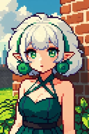 (((masterpiece))), (((best quality))), ((ultra-detailed)), (illustration), ((an extremely delicate and beautiful))(1girl), , floating_hair,  glowing eyes, pointy_ears, white hair, green eyes,halter dress, feather, leaves, nature, (sunlight) ,Pixel art,Whimsicott, in_city,city wall