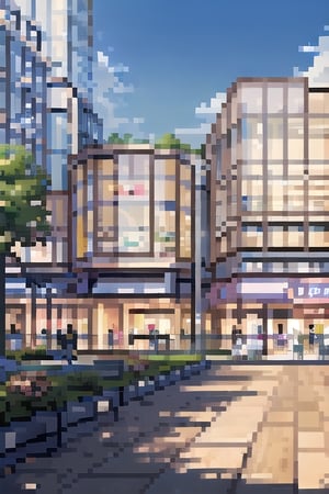 (((masterpiece))), (((best quality))), ((ultra-detailed)), (illustration), ((an extremely delicate and beautiful)), , (sunlight) ,Pixel art,, architecture,Pixel world, Mall, PARKINGLOT_IN Forground