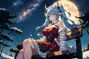 caturawinter, horns, red dress,frilly skirt,  halterneck, hair band, twintails, (long hair:1.3),  hair bow, neck bell, huge breasts, from below, sitting, on bench, starry sky, windy day, winter, snow, night, moon, shooting stars, bare shoulders, bare arms, 