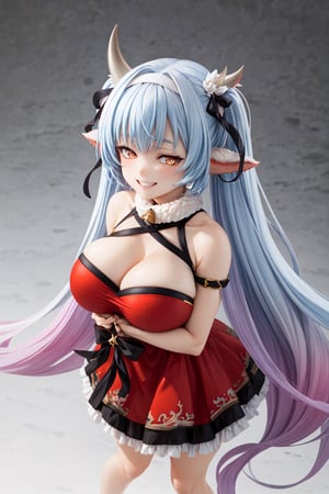 caturawinter, 1girl, gradient hair, orange eyes, horns, red dress, frilly skirt, halterneck, hair band,twintails, (very long hair:1.2), from above, focus face, bare shoulders,bare hands, hair bow, neck bell, huge breasts,  grin, looking at viewer, 