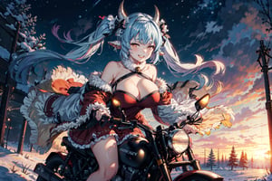 caturawinter, 1girl, gradient hair, orange eyes, horns, red dress, frilly skirt, halterneck, hair band,twintails, (very long hair:1.2),bare shoulders,bare hands, hair bow, neck bell, huge breasts,  grin, looking at viewer, (riding On motorcycle), hands on steering wheel,hands on sunset, winter, snow, forest, outdoors, starry sky, shooting star,  