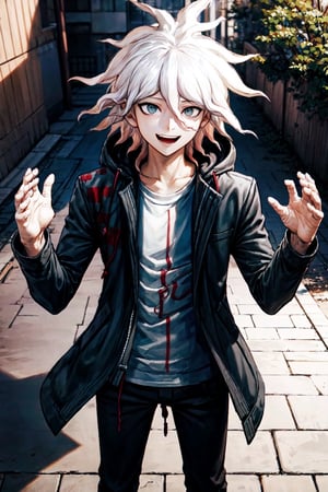 Komaeda_Nagito, 1boy, white hair, close up, jacket, laugh, standing, open hands, hands at sides, symmetrical,looking at viewer, city, tree, shadow,outdoors,