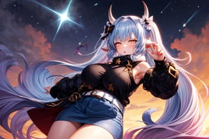 caturawinter, 1girl, gradient hair, (bare arms), orange eyes, horns, casual clothes, (black sweater:1.3), Belted Skirt, (very long hair), twintails, short,  (huge breasts), looking at viewer,outdoors, starry sky, shooting stars, night, sunset, 