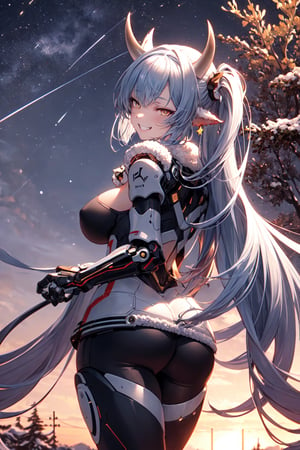 caturarnd,1girl, robot, cyberpunk white armor, gradient hair, from behind, orange eyes, horns,twintails, (very long hair:1.2), close up, huge breasts,  grin, looking at viewer, standing, spread legs, sunset, winter, snow, tree, outdoors, starry sky, shooting star,  