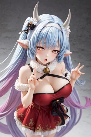 caturawinter, 1girl, gradient hair, orange eyes, horns, red dress, frilly skirt, halterneck, hair band,twintails, (very long hair:1.2), from above, focus face, bare shoulders,bare hands, hair bow, neck bell, huge breasts,  :o, shocked, looking at viewer, 
