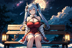 caturawinter, horns, red dress, halterneck, hair band, twintails, hair bow, neck bell, huge breasts, from below, sitting, on bench, starry sky, night, moon, shooting stars, 