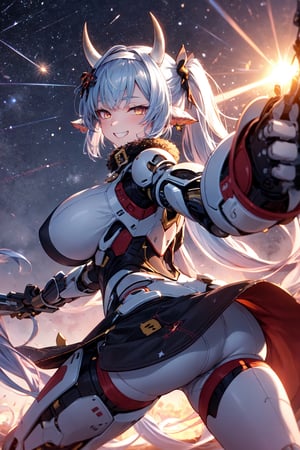 caturarnd,1girl, robot, cyberpunk white armor, gradient hair, from behind, orange eyes, horns,twintails, (very long hair:1.2), close up, huge breasts,  grin, looking at viewer, standing, spread legs, sunset, winter, snow, tree, outdoors, starry sky, shooting star,  