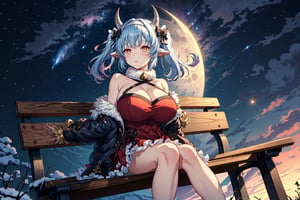 caturawinter, horns, red dress,frilly skirt,  halterneck, hair band, twintails, hair bow, neck bell, huge breasts, from below, sitting, on bench, starry sky, night, moon, shooting stars, 