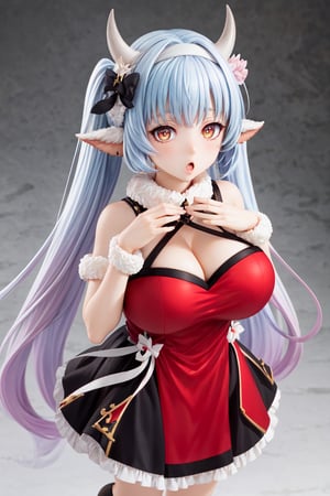 caturawinter, 1girl, gradient hair, orange eyes, horns, red dress, frilly skirt, halterneck, hair band,twintails, (very long hair:1.2), from above, focus face, bare shoulders,bare hands, hair bow, neck bell, huge breasts,  :o, shocked, looking at viewer, covers mouth 