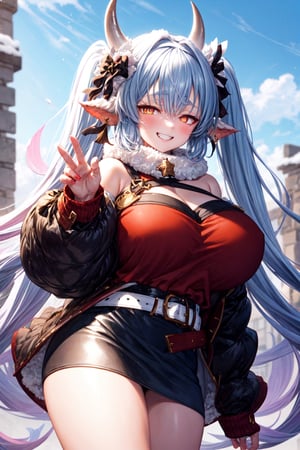 caturawinter, 1girl, gradient hair, (bare neck, bare arms), orange eyes, horns, (black sweater, Belted Skirt), (very long hair), twintails, short,  (huge breasts), grin, looking at viewer,outdoors,