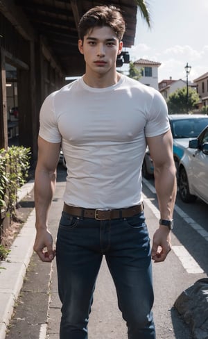 (A full body portrait of a handsome caucasian mix asian male), (lean muscular body), (8k, RAW photo, photorealistic:1.25), (hyper detailed skin:1.25), well sunlit, outdoor, ((looking at viewer)), brunette, (hyper detailed brown eyes:1.25), (hyper detailed facial features:1.25)