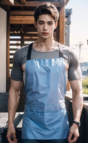 (A full body portrait of a handsome caucasian mix asian male), (lean muscular body), (8k, RAW photo, photorealistic:1.25), (hyper detailed skin:1.25), well sunlit, outdoor kitchen, ((looking at viewer)), light brunette, (hyper detailed brown eyes:1.25), (hyper detailed facial features:1.25), half_apron, shirtless