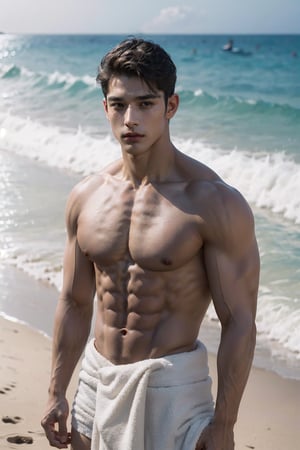 (A full body portrait of a handsome caucasian mix asian male), (big muscular body), (8k, RAW photo, photorealistic:1.25), (hyper detailed skin:1.25), well sunlit, at the beach, ((looking at viewer)), brunette, (hyper detailed brown eyes:1.25), (hyper detailed facial features:1.25), white towel