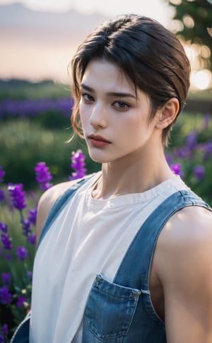 (A full body portrait of a handsome caucasian mix asian male), (lean muscular body), (8k, RAW photo, photorealistic:1.25), (hyper detailed skin:1.25), well sunlit, in a lavender field, ((looking at viewer)), light brunette, (hyper detailed brown eyes:1.25), (hyper detailed facial features:1.25), wearing white sleeveless torso and denim jeans