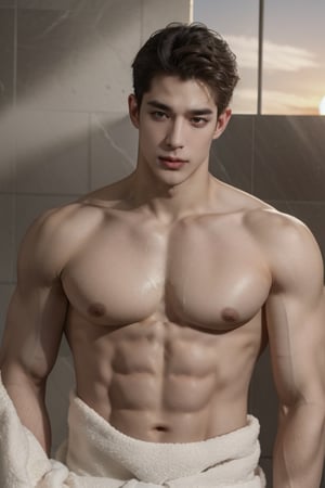 handsome caucasian+asian male, big muscular body, photography, looking at viewer, shower, shirtless, brown eyes, sunset lighting, big_boobies, , detailed facial features , mini towel around waist , detailed skin texture