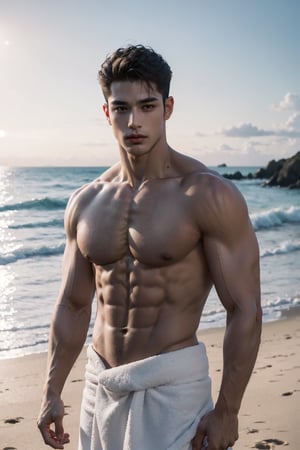 (A full body portrait of a handsome caucasian mix asian male), (big muscular body), (8k, RAW photo, photorealistic:1.25), (hyper detailed skin:1.25), well sunlit, at the beach, ((looking at viewer)), brunette, (hyper detailed brown eyes:1.25), (hyper detailed facial features:1.25), white towel