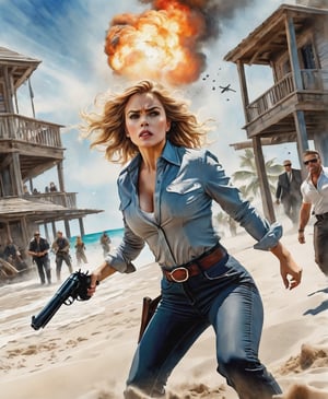 A complex action movie, a very beautiful American woman, a view from the bottom up, dramatic movements, gunfights with gangsters on the beach, atmosphere, cinematography, photography, pencil, watercolor, bright and rich colors, Gabriele Delotto, Charles Victor Tyrion, Karl Eugen Kiel, Karl Lundgren, pencil drawing