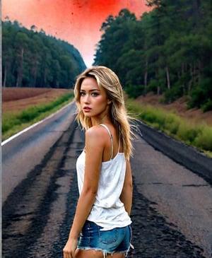 A complex horror movie, a nightmare, a beautiful blonde American woman walking down a narrow road, a worried expression, a white tank top and jeans shorts, a portrait, the ground on both sides is dead trees, moldy and rotten ground, it looks like blood red sky at sunset, one wide eye staring at her in the sky, movie poster style, cinematography, raw photography, watercolor, pencil drawing, Grzegorz Rosinski, Gabriele Delotto, pencil sketch