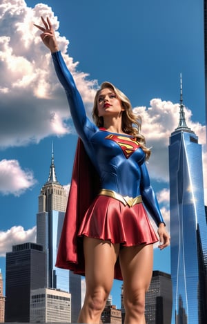 ((Full body angle:1.4)), supergirl, a hand up, Standing in front of new york skyscrapers,sky at clouds with ufo, landscape, masterpiece, best quality, ultra-detailed, high resolution 8K),perfect,High detailed,perfecteyes