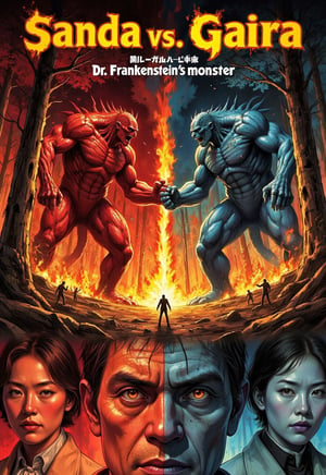 (horror movie poster), (big title, Dr. Frankenstein's monster: Sanda vs. Gaira), (Scene of two monsters fighting in a forest burning with tremendous flames: 2.0), (main image, two huge humanoid monsters (Sanda with red body and Gaira with blue body) fighting in a forest fire: 2.0)), (realistic style: 2.0), ((faces of male and female scholars watching the fight overlap at the bottom)), Realistic details, Horror movie, Surreal, Masterpiece, pavsok style,illustrated