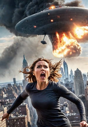 beautiful British woman screaming in fear, lots of peoples running in the background, dramatic angle, perfect female anatomy, realistic and detailed, movie style, super realistic, in front of the big UFO attacking the Manhattan city to rays, city on big fire, masterpiece, fighter plane in the spooky sky