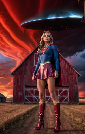 ((Full body angle:1.4)), supergirl, Long hair, Standing in front of the spooky small barn, red sky at spooky clouds with ufo, landscape, masterpiece, best quality, ultra-detailed, high resolution 8K),perfect,High detailed,perfecteyes