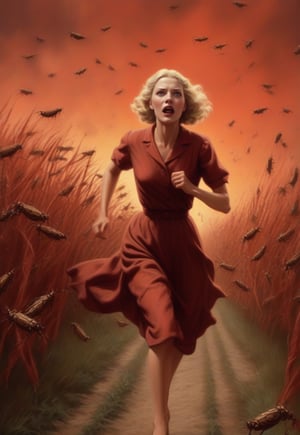 1930s, a lot of many swarm of locusts fly over blonde English woman as she runs away in fear, barefoot, cornfield in spooky red sky, realistic and detailed, horror movie style, surreal, masterpiece