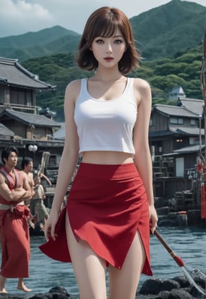 too many Japanese Yokai monsters attack a ((white tank-top and red skirt)) white-skinned beautiful British woman, she in fear, wide-open eyes, barefoot, white panty only, dramatic angles and poses, perfect female anatomy, realistic and detailed, retro horror movie Style, creepy midnight of Japanese fisherman's village island harbor, super realistic, masterpiece,
