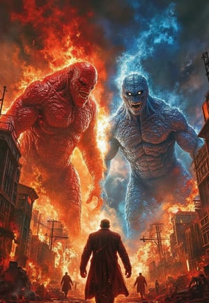 (horror movie poster), (big title, Dr. Frankenstein's monster: Sanda vs. Gaira), (scene of two monsters fighting in a burning city with tremendous flames: 2.0), (main image, two giant humanoid monsters (Sanda with red body and Gaira with blue body) fighting in a burning city: 2.0), (realistic style: 2.0), ((close-up of the male and female chemists who created them overlaps at the bottom)), realistic details, horror movie, surreal, masterpiece