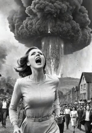 1930s, beautiful British woman screaming in fear, lots of peoples running in the background, dramatic angle, perfect female anatomy, realistic and detailed, movie style, super realistic, in front of the big UFO destroying the village to rays, city is explosion and flames, masterpiece,pencil sketch