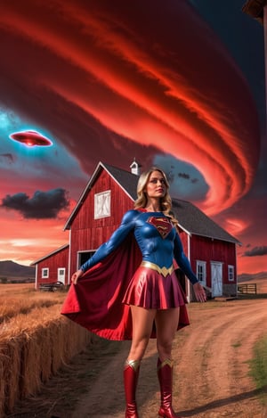 ((Full body angle:1.4)), supergirl, a hand up, Standing in front of the spooky small barn, red sky at spooky clouds with ufo, landscape, masterpiece, best quality, ultra-detailed, high resolution 8K),perfect,High detailed,perfecteyes