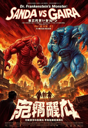 (horror movie poster), (big title, Dr. Frankenstein's monster: Sanda vs Gaira), (scene of two monsters fighting in a burning city with tremendous flames: 2.0), (main image, two giant humanoid monsters (Sanda with red body and Gaira with blue body) fighting in a burning city: 2.0), (realistic style: 2.0), ((close-up of the male and female chemists who created them overlaps at the bottom)), realistic details, horror movie, surreal, masterpiece,illustrated