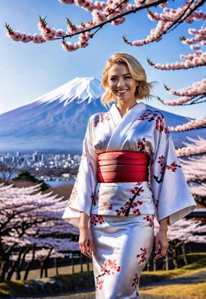 wide landscape, standing a gorgeous kimono beautiful american blonde woman, smile, in front of Mt. Fuji in Japan, Cherry tree in full bloom, dramatic angle, realistic and detailed movie style, surreal, masterpiece,